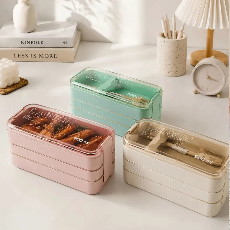3-Tier Bento Lunch Box with Cutlery (900ml) (3 tier lunch box) Price in Bangladesh | ShopTalk BD