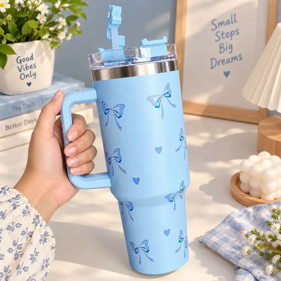 Cute Bow Print Insulated Tumbler with Handle & Straw - 1200ml (Bow Print Tumbler with Handle) Price in Bangladesh | ShopTalk BD