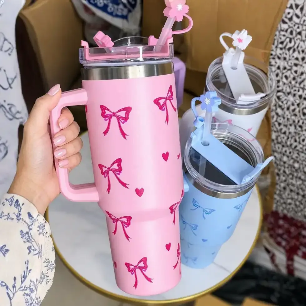 Cute Bow Print Insulated Tumbler with Handle &amp; Straw - 1200ml (Bow Print Tumbler with Handle) Price in Bangladesh | ShopTalk BD